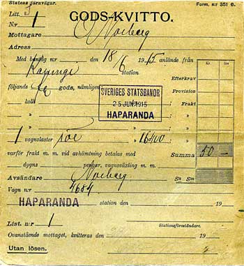 Det frsta godskvittot som utfrdades i Haparanda, egenhndigt skrivet av Stins Johansson