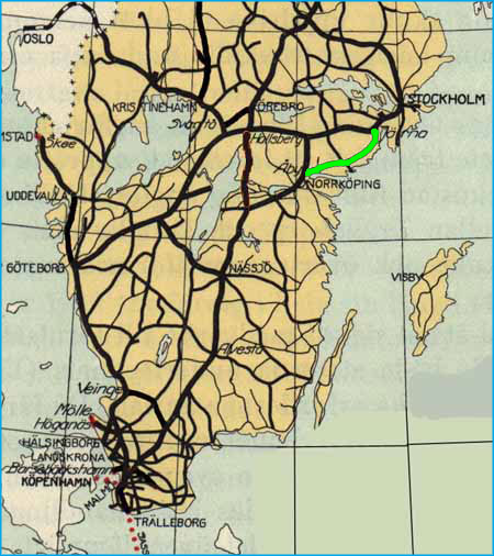 Kartan visar strckningen p statsbanan Jrna - Nykping - by