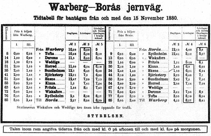 Tidtabell 1880 WBJ, Varberg - Borås Järnväg