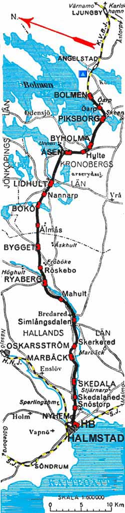 karta över Halmstad - Bolmens Järnväg, HBJ
