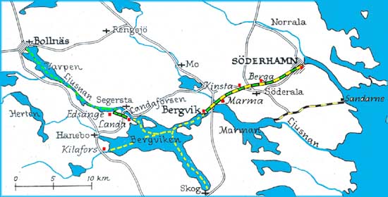 Karta över kommunikationsleden Söderhamn - Bollnäs (Kilafors)