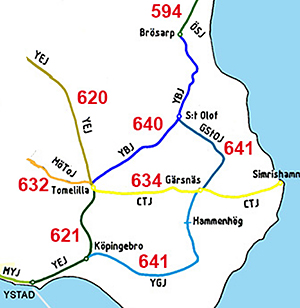 Delkarta utvisande de olika järnvägsbolagens bandelars inbördes förhållande i sydöstra Skåne.