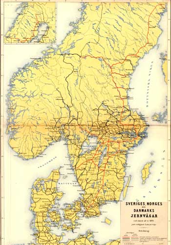 Karta över järnvägarna i Sverige, Norge och Dannmark 1894. Railwaymap Sweden, Norway and Denmark year 1894