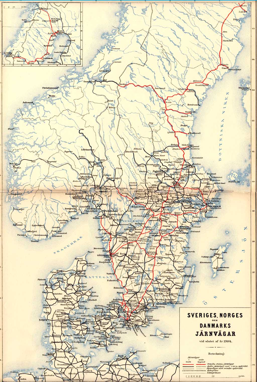 Karta över järnvägarna i Sverige, Norge och Dannmark 1904. Railwaymap Sweden, Norway and Denmark year 1904.