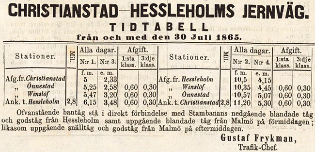 Kristianstad - Hssleholms Jrnvg frsta officiella tidtabell.