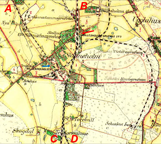 karta frn 1915 utvisande jrnvgarna runt Billesholm.