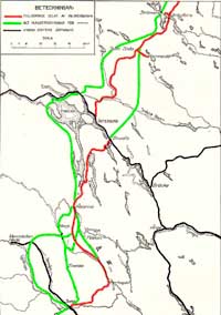 karta utvisande de alternativa förslag som diskuterades rörande Inlandsbanans sträckning mellan Sveg och Brunflo